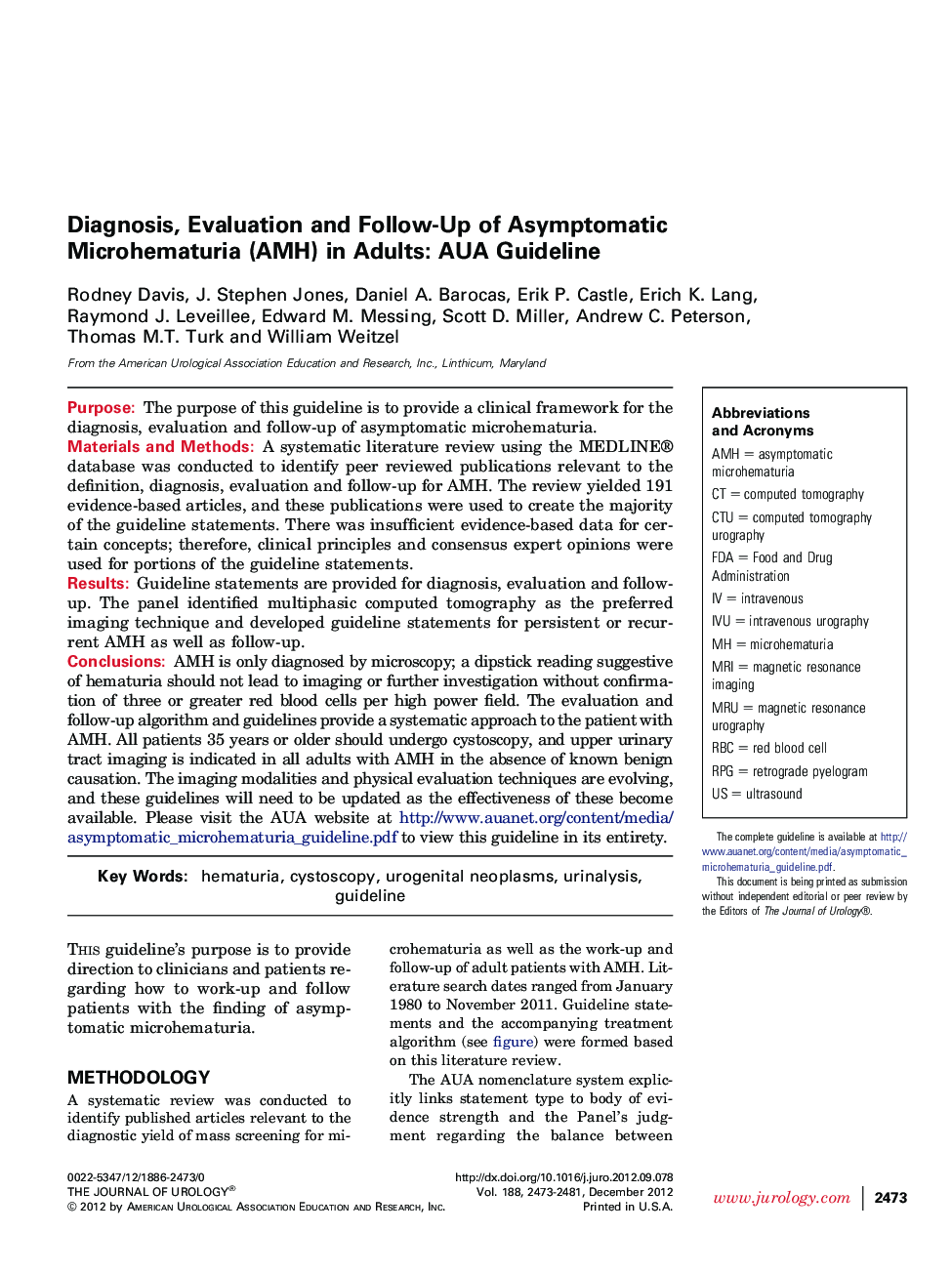 Diagnosis, Evaluation and Follow-Up of Asymptomatic Microhematuria (AMH) in Adults: AUA Guideline 