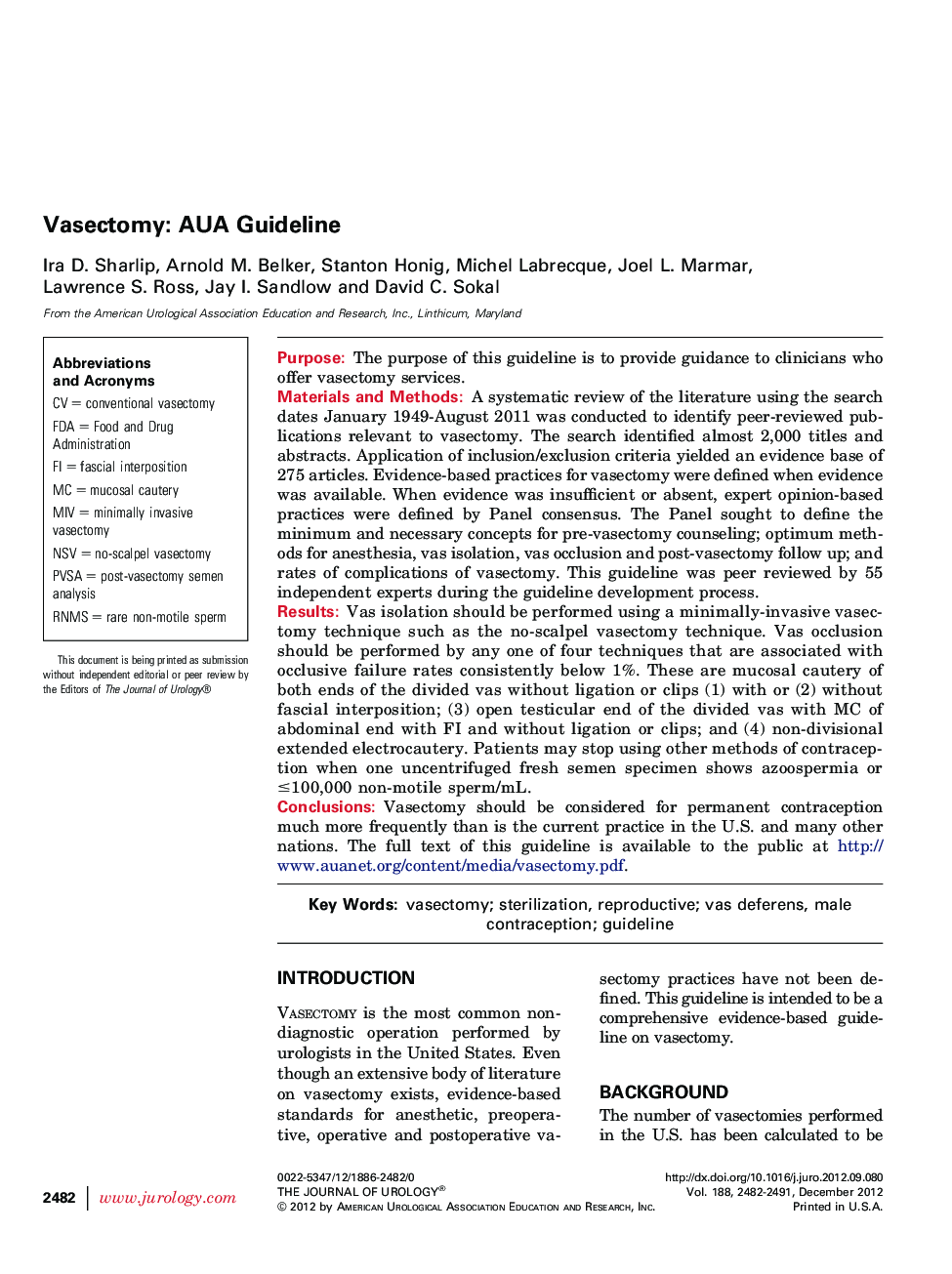 Vasectomy: AUA Guideline 