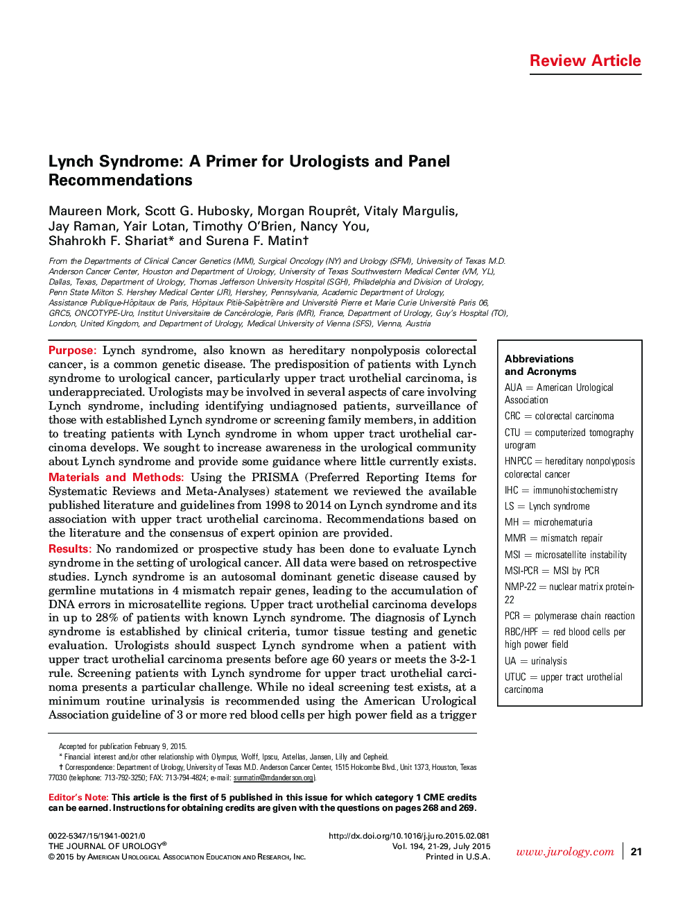 Lynch Syndrome: A Primer for Urologists and Panel Recommendations 