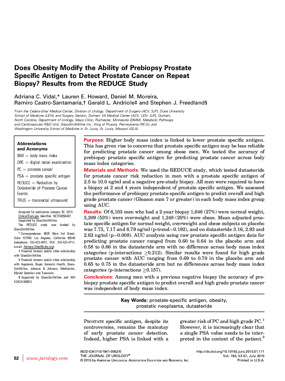 Does Obesity Modify the Ability of Prebiopsy Prostate Specific Antigen to Detect Prostate Cancer on Repeat Biopsy? Results from the REDUCE Study 