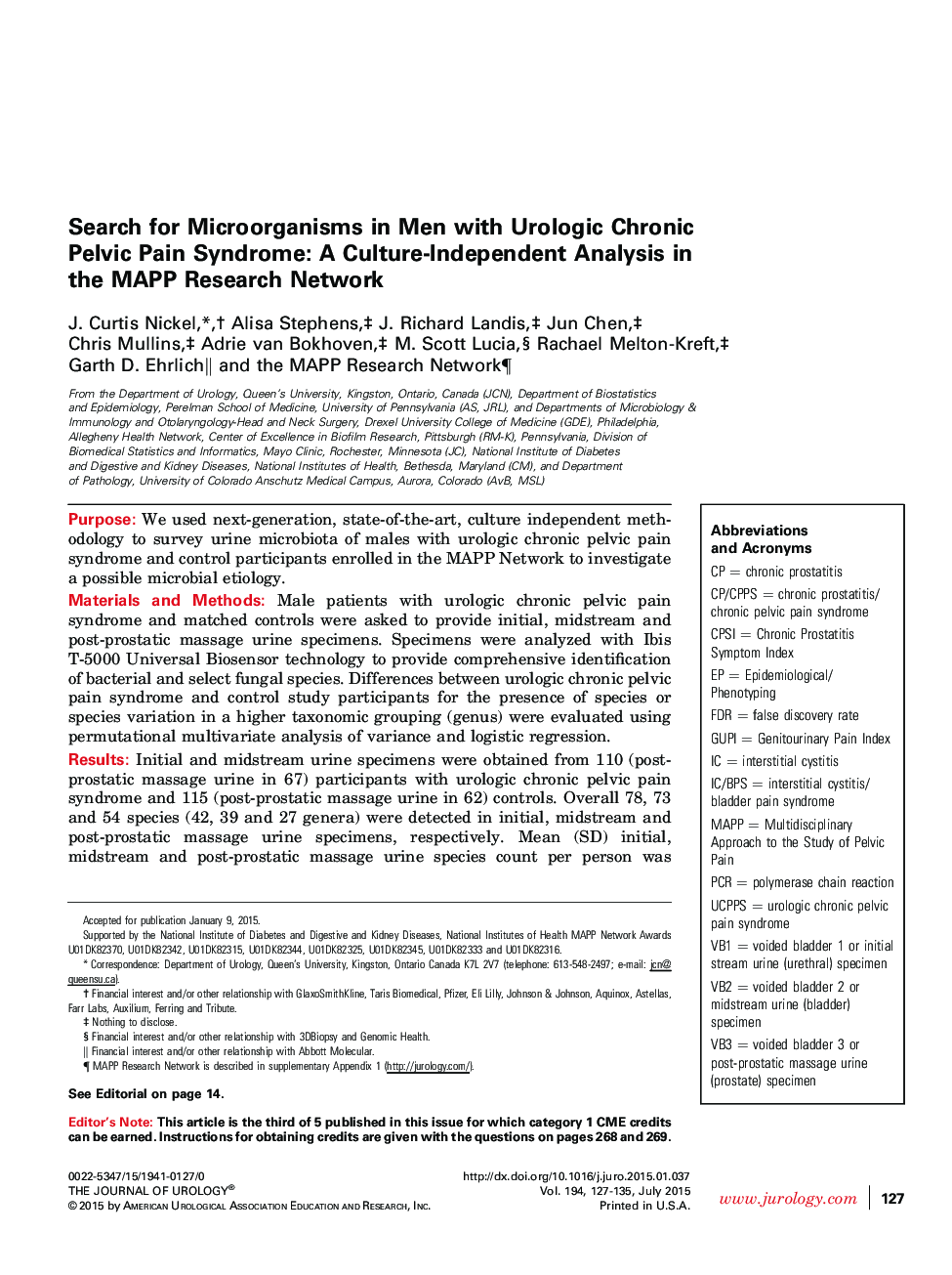 Search for Microorganisms in Men with Urologic Chronic Pelvic Pain Syndrome: A Culture-Independent Analysis in the MAPP Research Network 