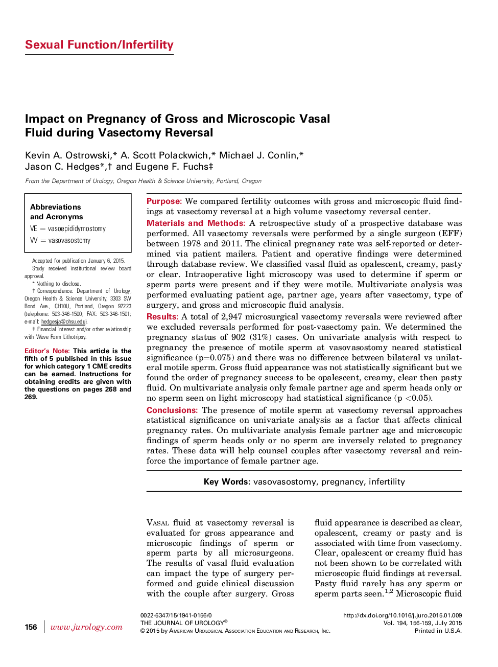 Impact on Pregnancy of Gross and Microscopic Vasal Fluid during Vasectomy Reversal 