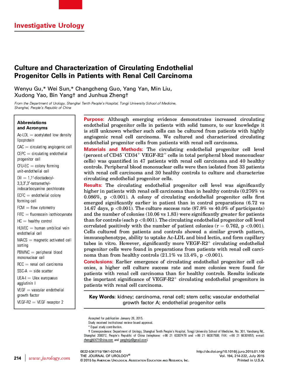 Culture and Characterization of Circulating Endothelial Progenitor Cells in Patients with Renal Cell Carcinoma