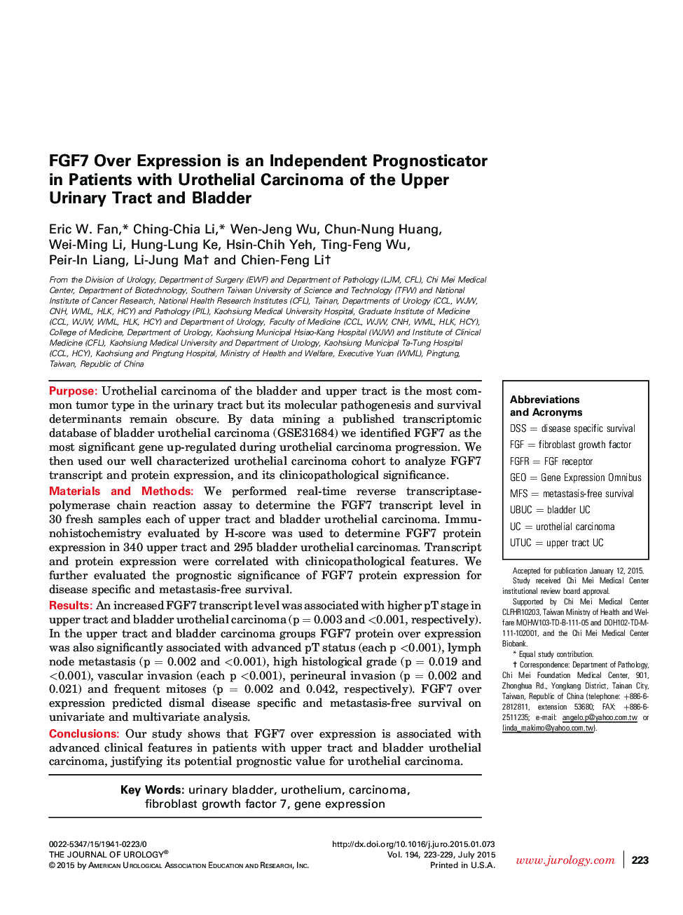 FGF7 Over Expression is an Independent Prognosticator in Patients with Urothelial Carcinoma of the Upper Urinary Tract and Bladder 