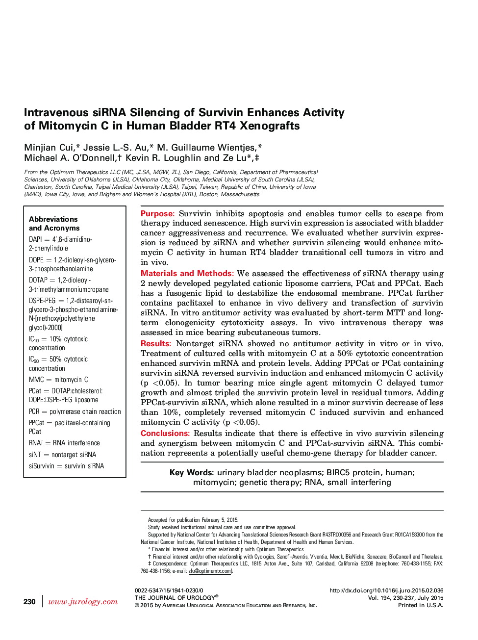 Intravenous siRNA Silencing of Survivin Enhances Activity of Mitomycin C in Human Bladder RT4 Xenografts 