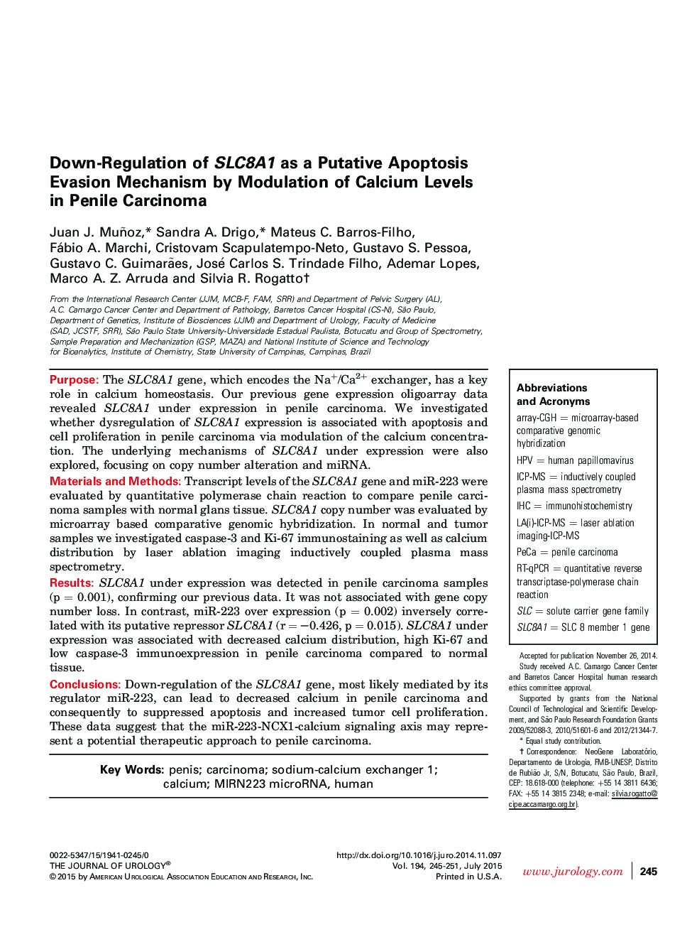 Down-Regulation of SLC8A1 as a Putative Apoptosis Evasion Mechanism by Modulation of Calcium Levels in Penile Carcinoma 