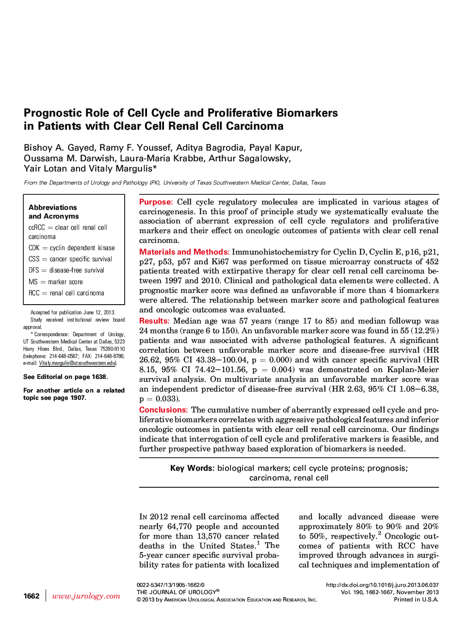 Prognostic Role of Cell Cycle and Proliferative Biomarkers in Patients with Clear Cell Renal Cell Carcinoma