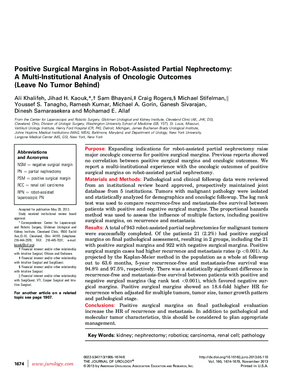 Positive Surgical Margins in Robot-Assisted Partial Nephrectomy: A Multi-Institutional Analysis of Oncologic Outcomes (Leave No Tumor Behind) 