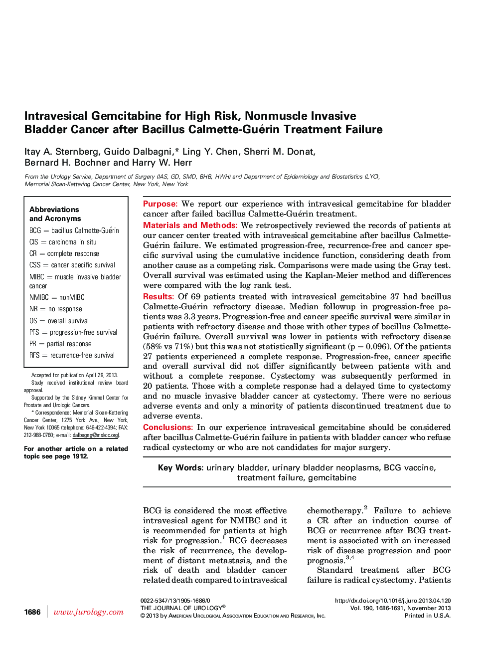 Intravesical Gemcitabine for High Risk, Nonmuscle Invasive Bladder Cancer after Bacillus Calmette-Guérin Treatment Failure 