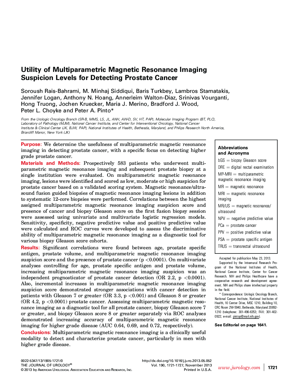 Utility of Multiparametric Magnetic Resonance Imaging Suspicion Levels for Detecting Prostate Cancer 