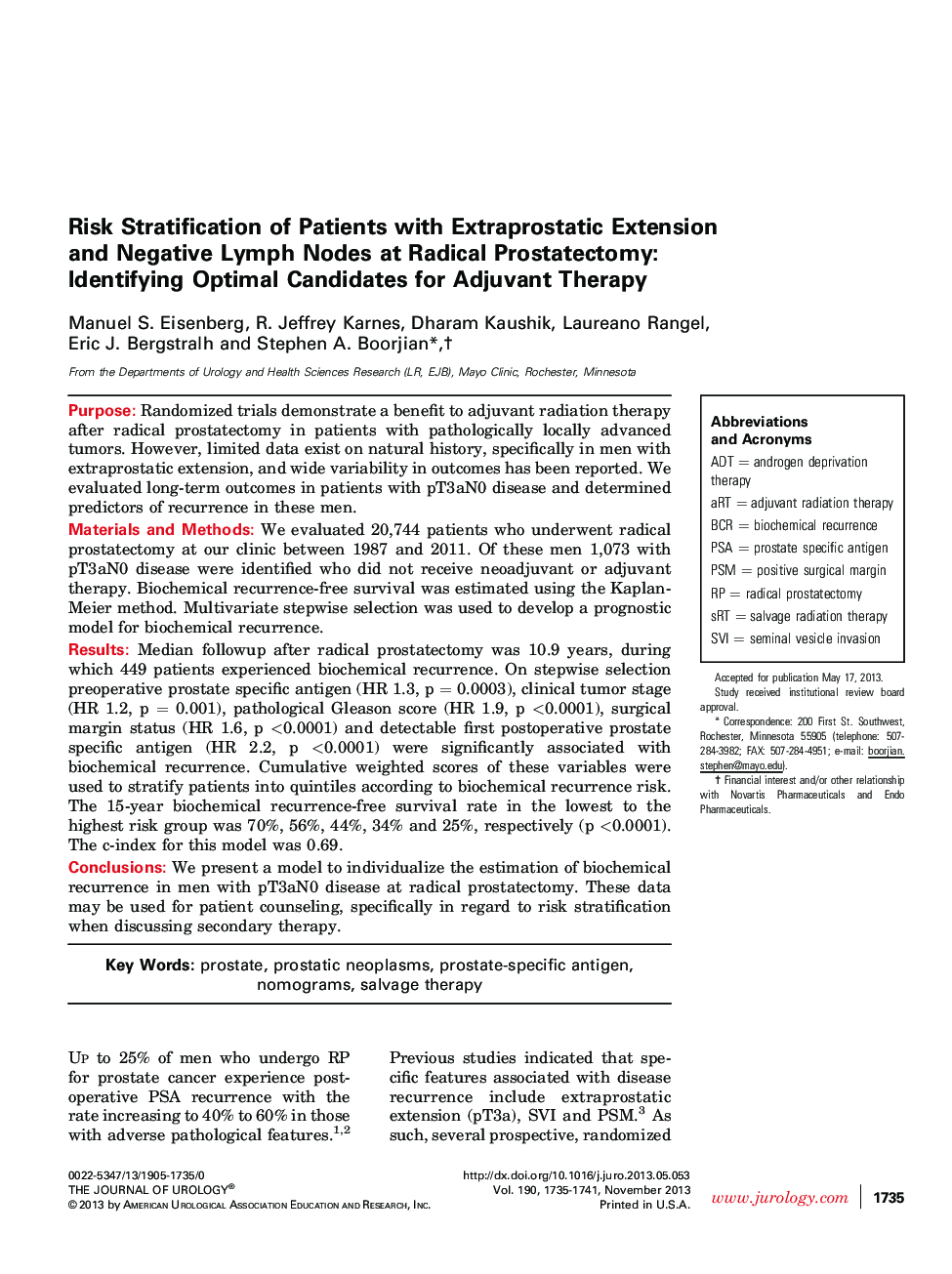 Risk Stratification of Patients with Extraprostatic Extension and Negative Lymph Nodes at Radical Prostatectomy: Identifying Optimal Candidates for Adjuvant Therapy 