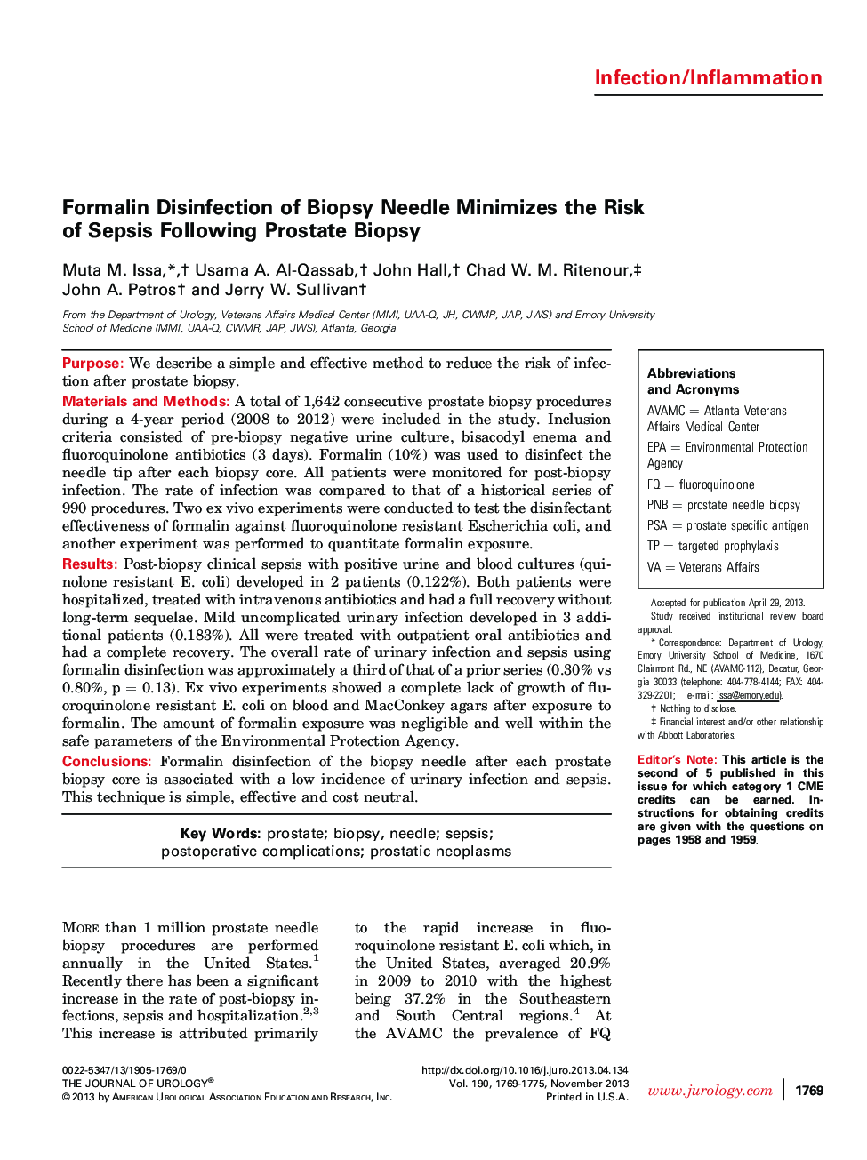 Formalin Disinfection of Biopsy Needle Minimizes the Risk of Sepsis Following Prostate Biopsy