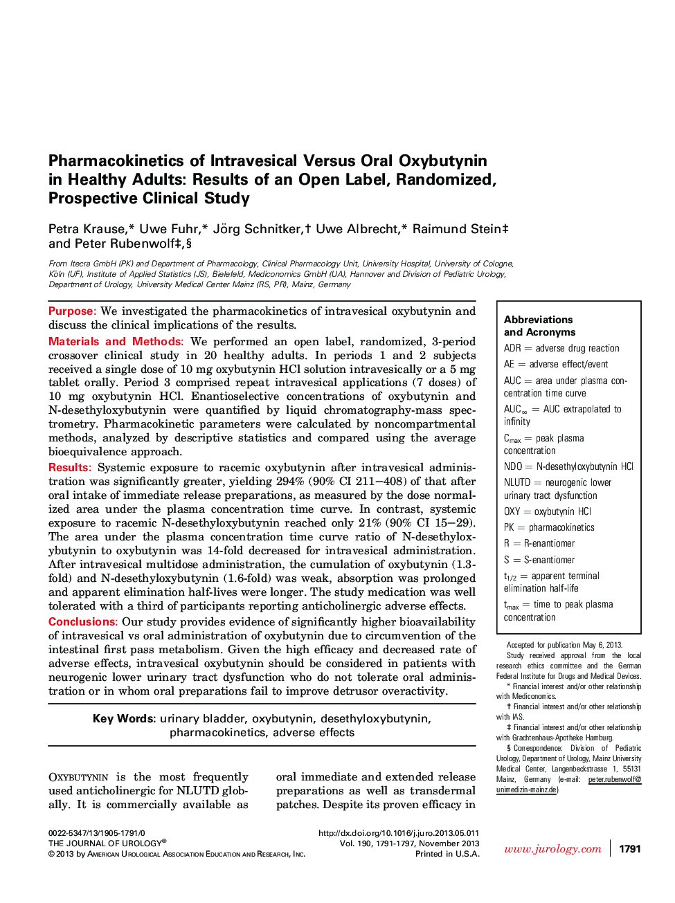 Pharmacokinetics of Intravesical Versus Oral Oxybutynin in Healthy Adults: Results of an Open Label, Randomized, Prospective Clinical Study