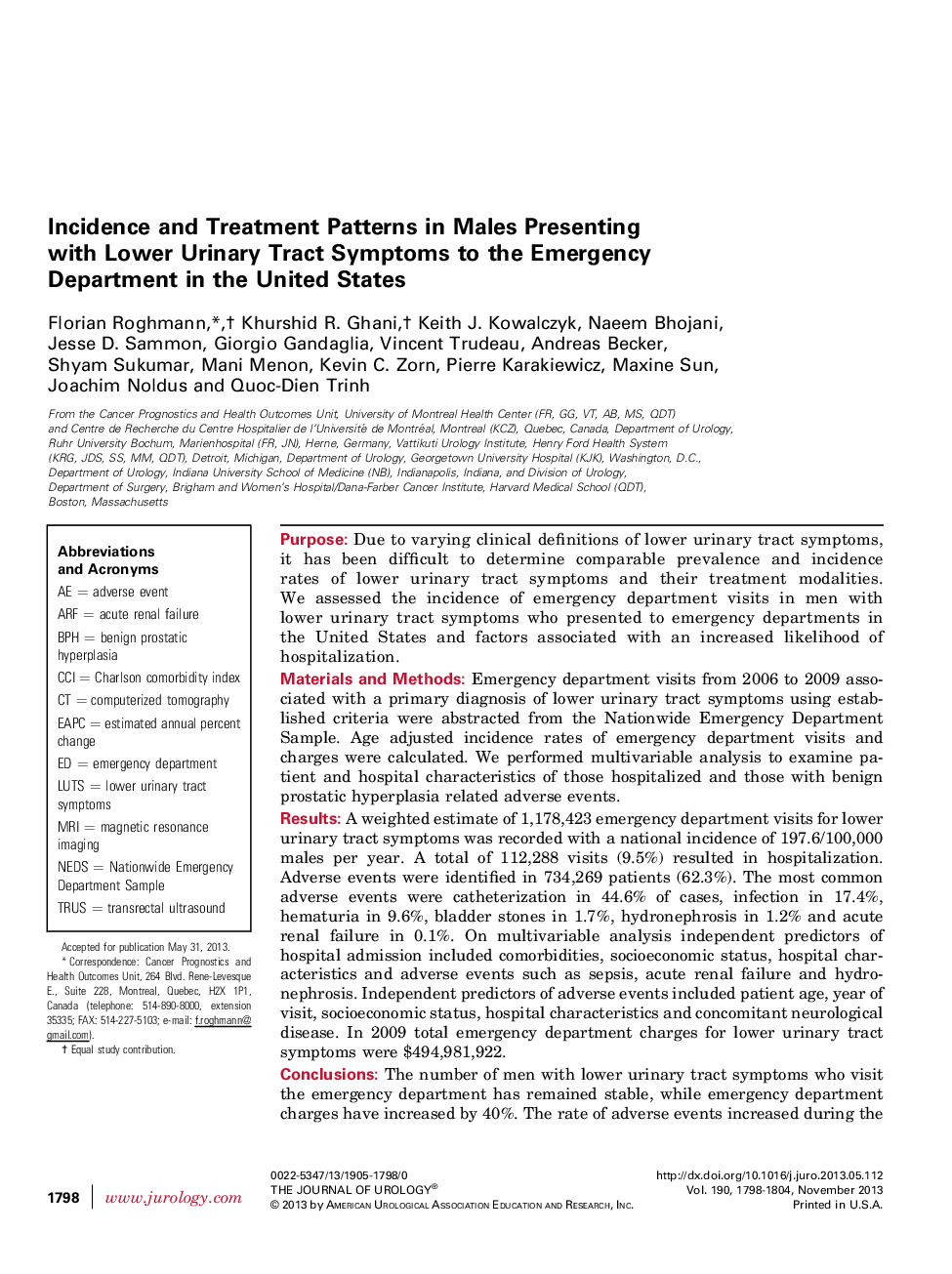 Incidence and Treatment Patterns in Males Presenting with Lower Urinary Tract Symptoms to the Emergency Department in the United States