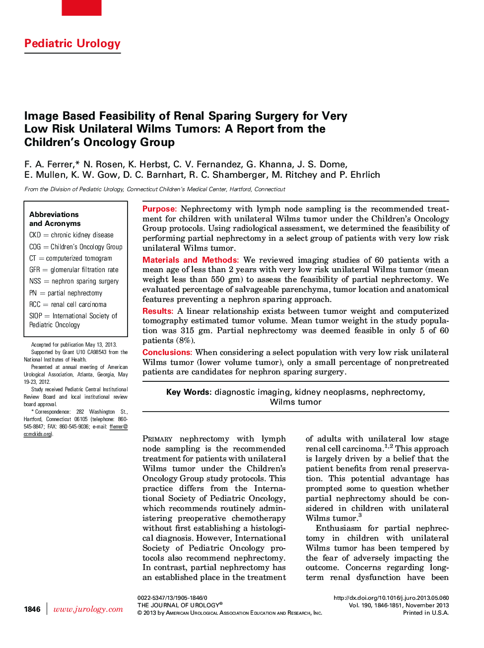 Image Based Feasibility of Renal Sparing Surgery for Very Low Risk Unilateral Wilms Tumors: A Report from the Children’s Oncology Group 
