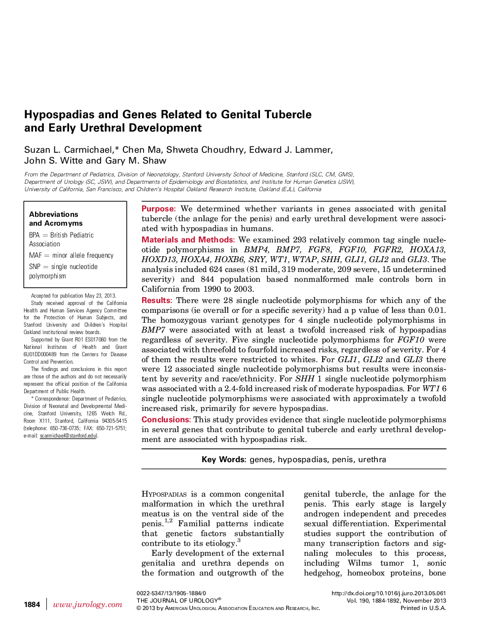 Hypospadias and Genes Related to Genital Tubercle and Early Urethral Development 