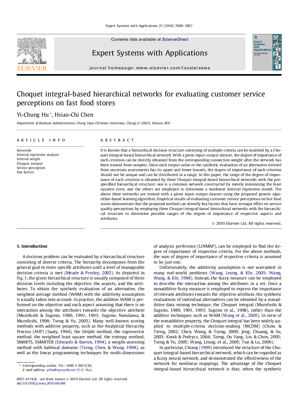 Choquet integral-based hierarchical networks for evaluating customer service perceptions on fast food stores