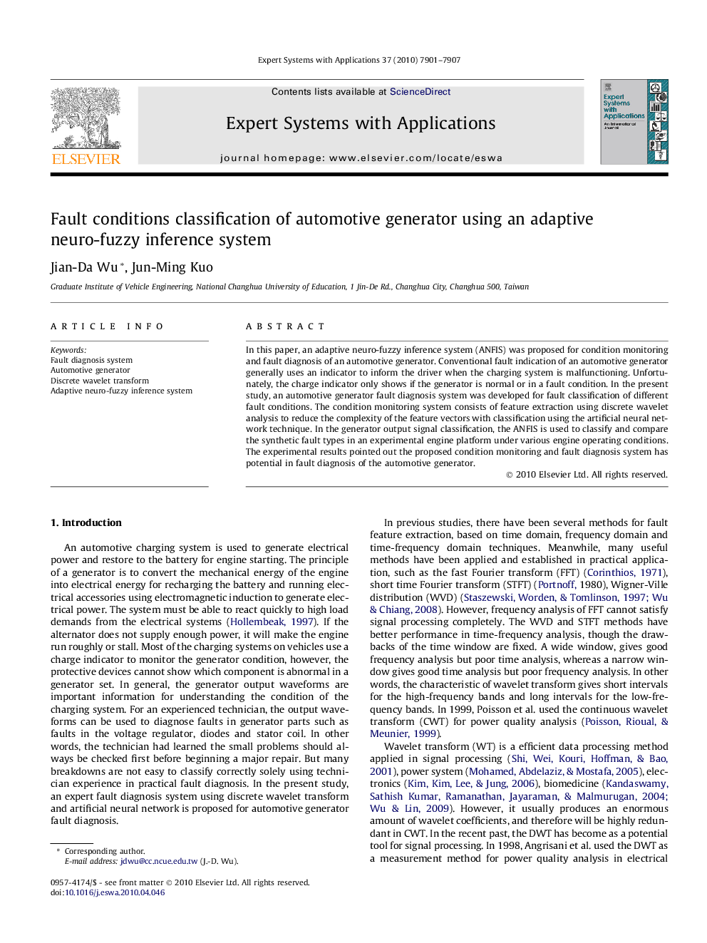 Fault conditions classification of automotive generator using an adaptive neuro-fuzzy inference system