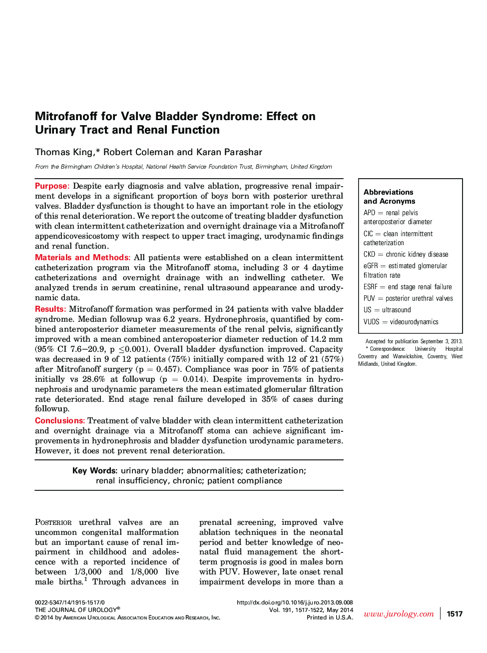 Mitrofanoff for Valve Bladder Syndrome: Effect on Urinary Tract and Renal Function