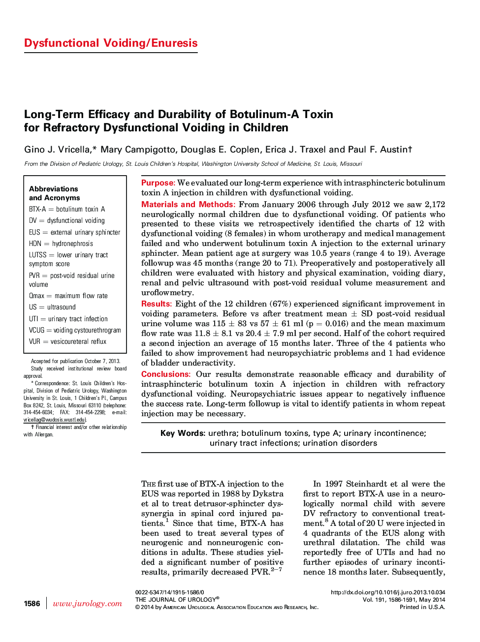 Long-Term Efficacy and Durability of Botulinum-A Toxin for Refractory Dysfunctional Voiding in Children