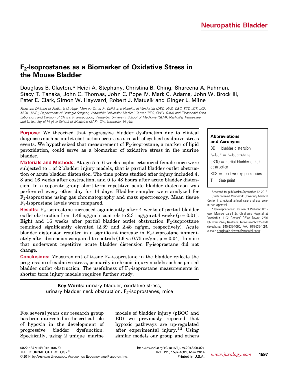 F2-Isoprostanes as a Biomarker of Oxidative Stress in the Mouse Bladder 