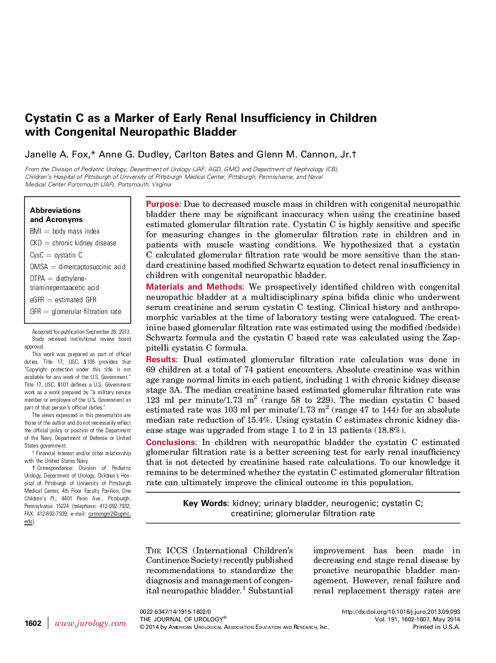 Cystatin C as a Marker of Early Renal Insufficiency in Children with Congenital Neuropathic Bladder 