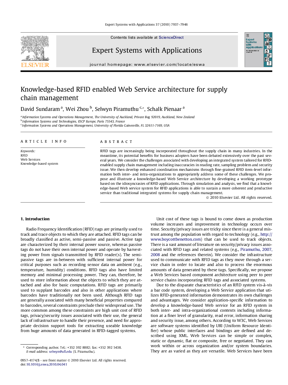 Knowledge-based RFID enabled Web Service architecture for supply chain management