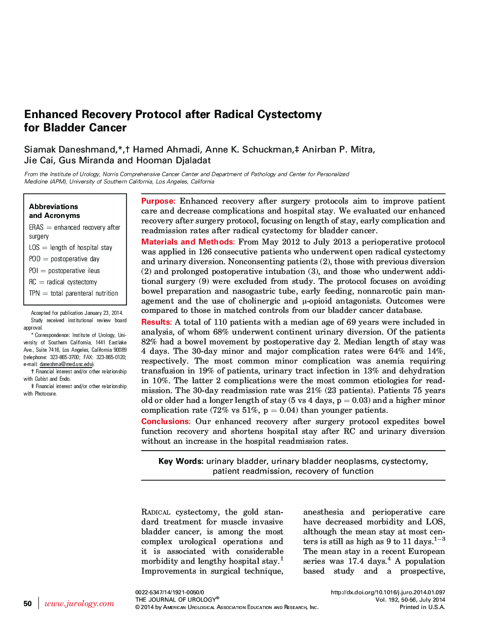 Enhanced Recovery Protocol after Radical Cystectomy for Bladder Cancer 