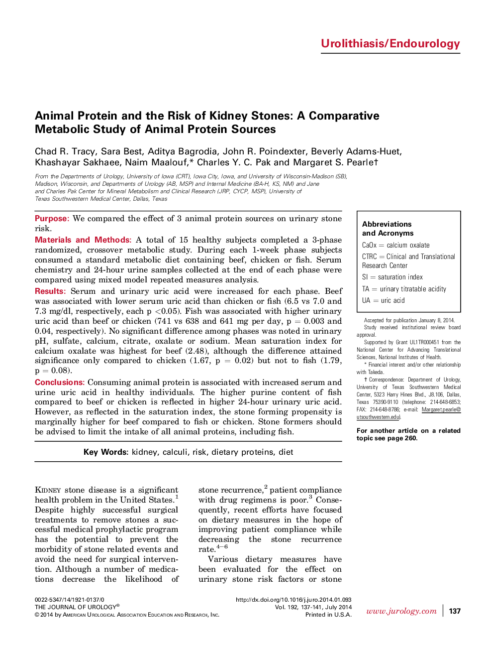 Animal Protein and the Risk of Kidney Stones: A Comparative Metabolic Study of Animal Protein Sources 