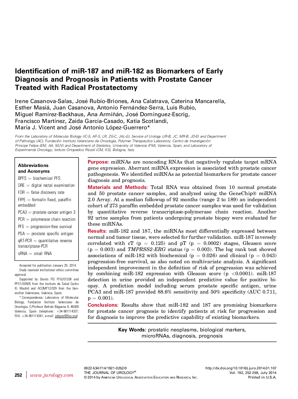 Identification of miR-187 and miR-182 as Biomarkers of Early Diagnosis and Prognosis in Patients with Prostate Cancer Treated with Radical Prostatectomy