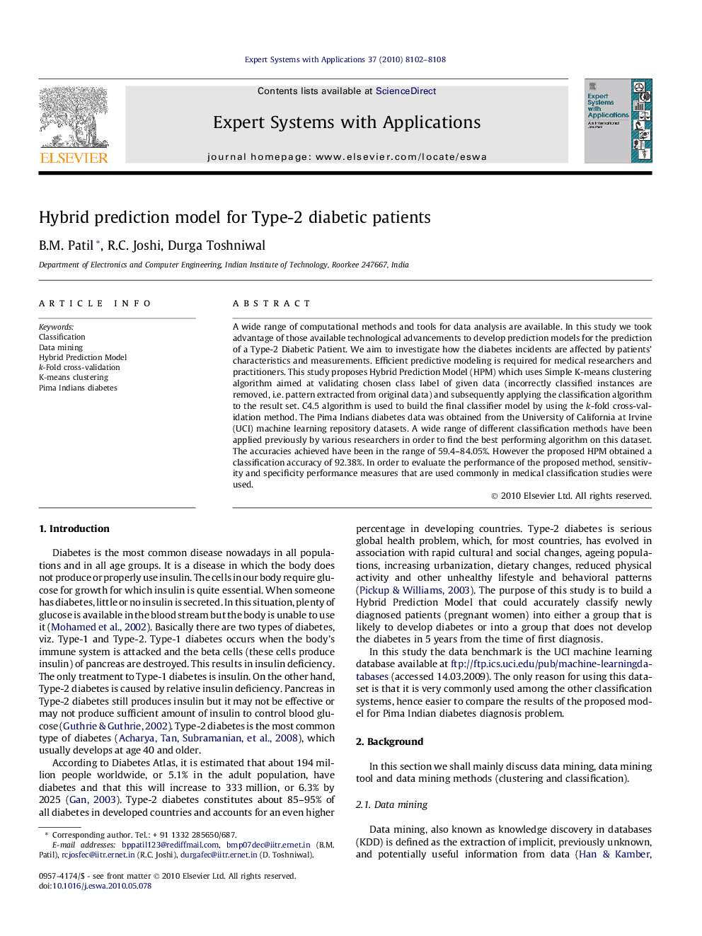 Hybrid prediction model for Type-2 diabetic patients