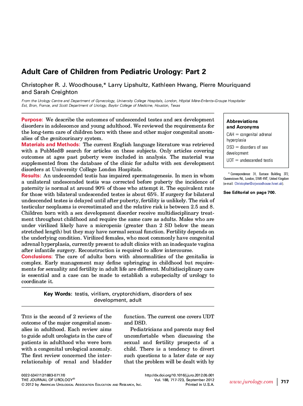 Adult Care of Children from Pediatric Urology: Part 2 