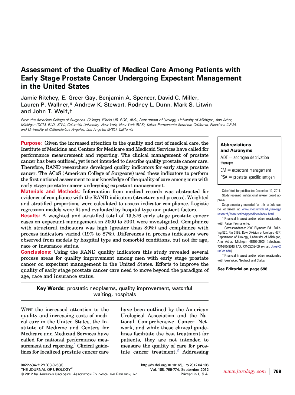 Assessment of the Quality of Medical Care Among Patients with Early Stage Prostate Cancer Undergoing Expectant Management in the United States 
