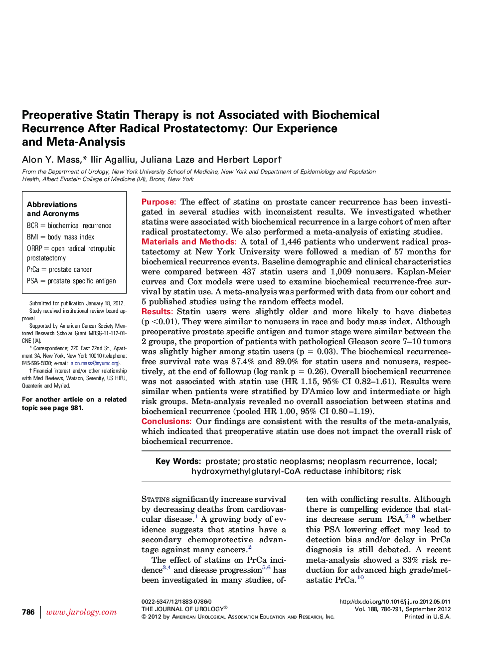 Preoperative Statin Therapy is not Associated with Biochemical Recurrence After Radical Prostatectomy: Our Experience and Meta-Analysis 