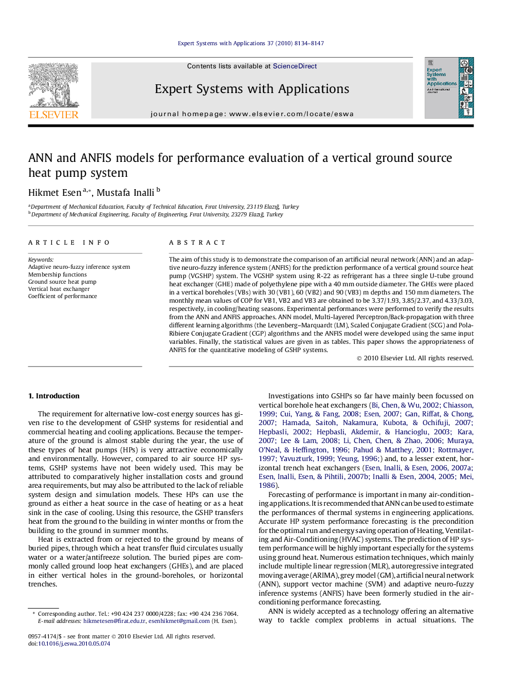 ANN and ANFIS models for performance evaluation of a vertical ground source heat pump system