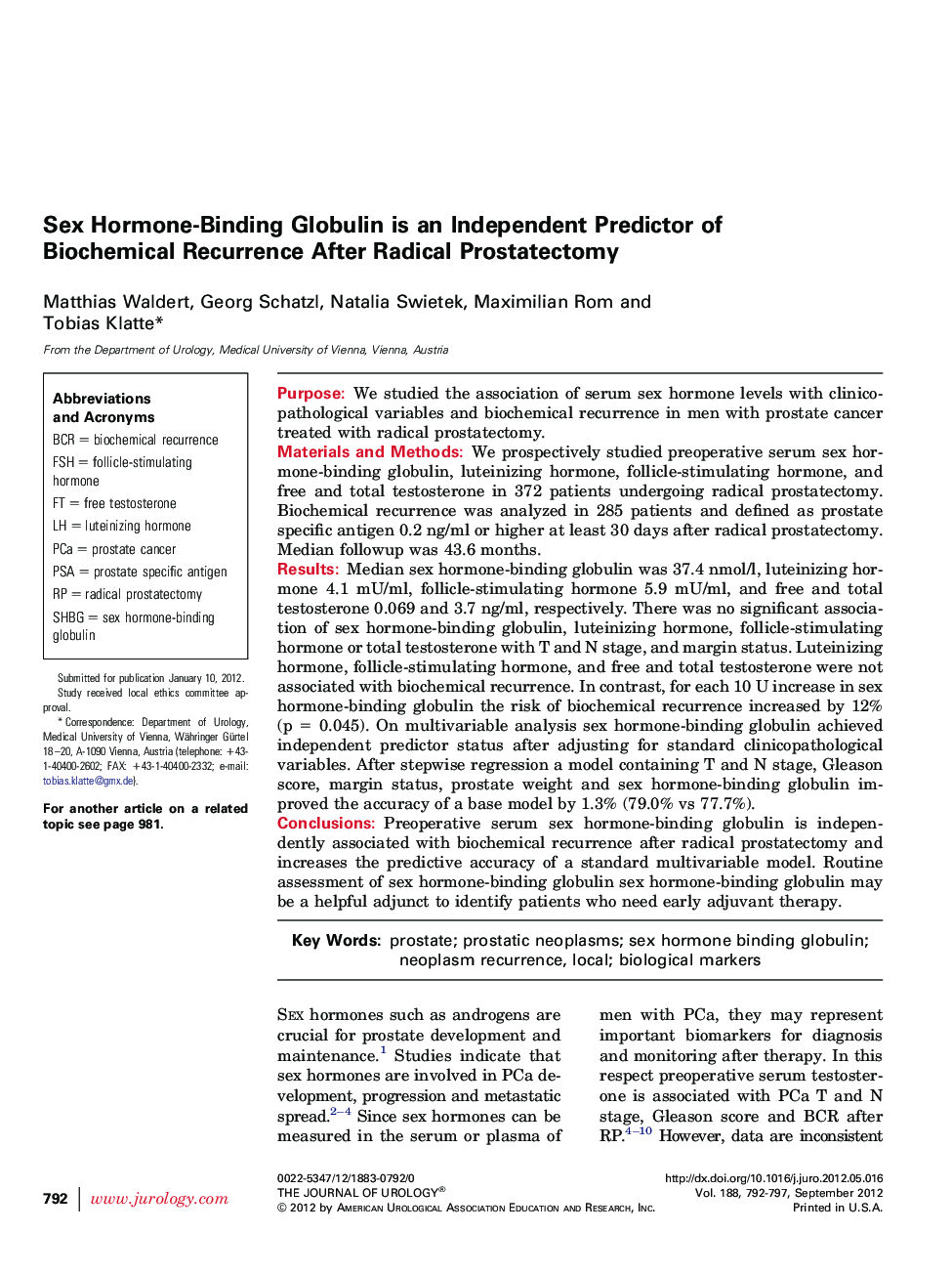 Sex Hormone-Binding Globulin is an Independent Predictor of Biochemical Recurrence After Radical Prostatectomy 