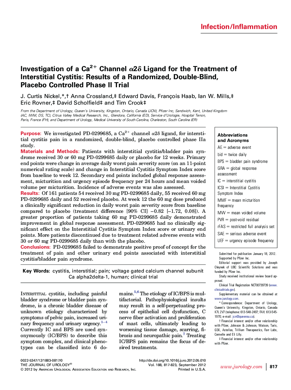 Investigation of a Ca2+ Channel α2δ Ligand for the Treatment of Interstitial Cystitis: Results of a Randomized, Double-Blind, Placebo Controlled Phase II Trial 