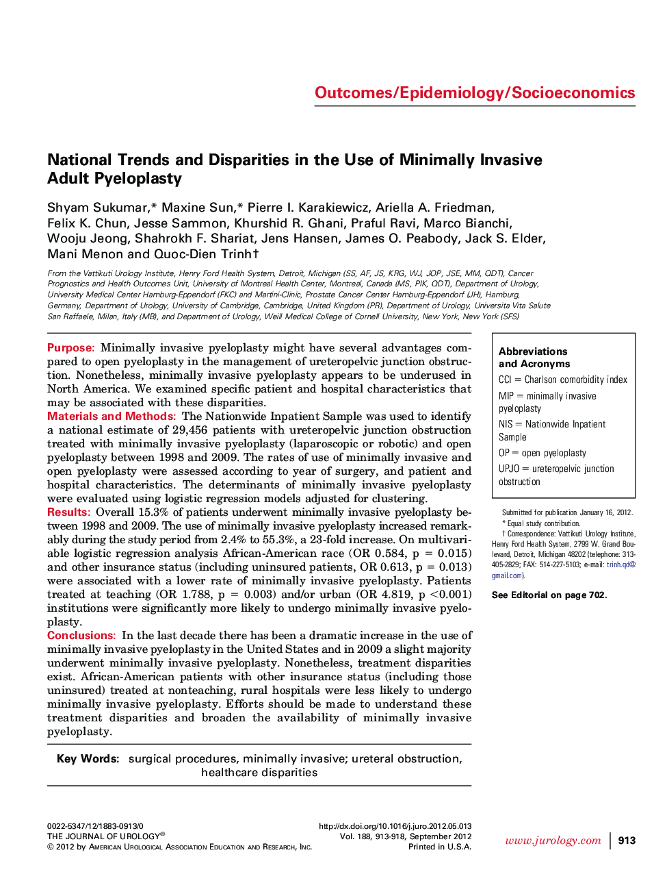 National Trends and Disparities in the Use of Minimally Invasive Adult Pyeloplasty