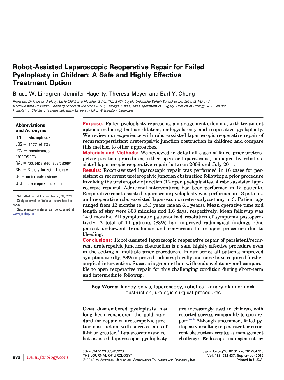 Robot-Assisted Laparoscopic Reoperative Repair for Failed Pyeloplasty in Children: A Safe and Highly Effective Treatment Option 