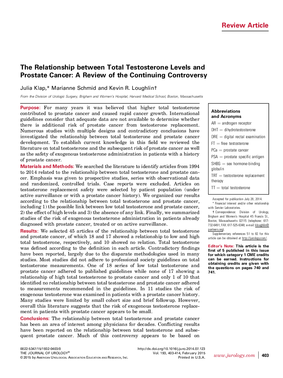 The Relationship between Total Testosterone Levels and Prostate Cancer: A Review of the Continuing Controversy 