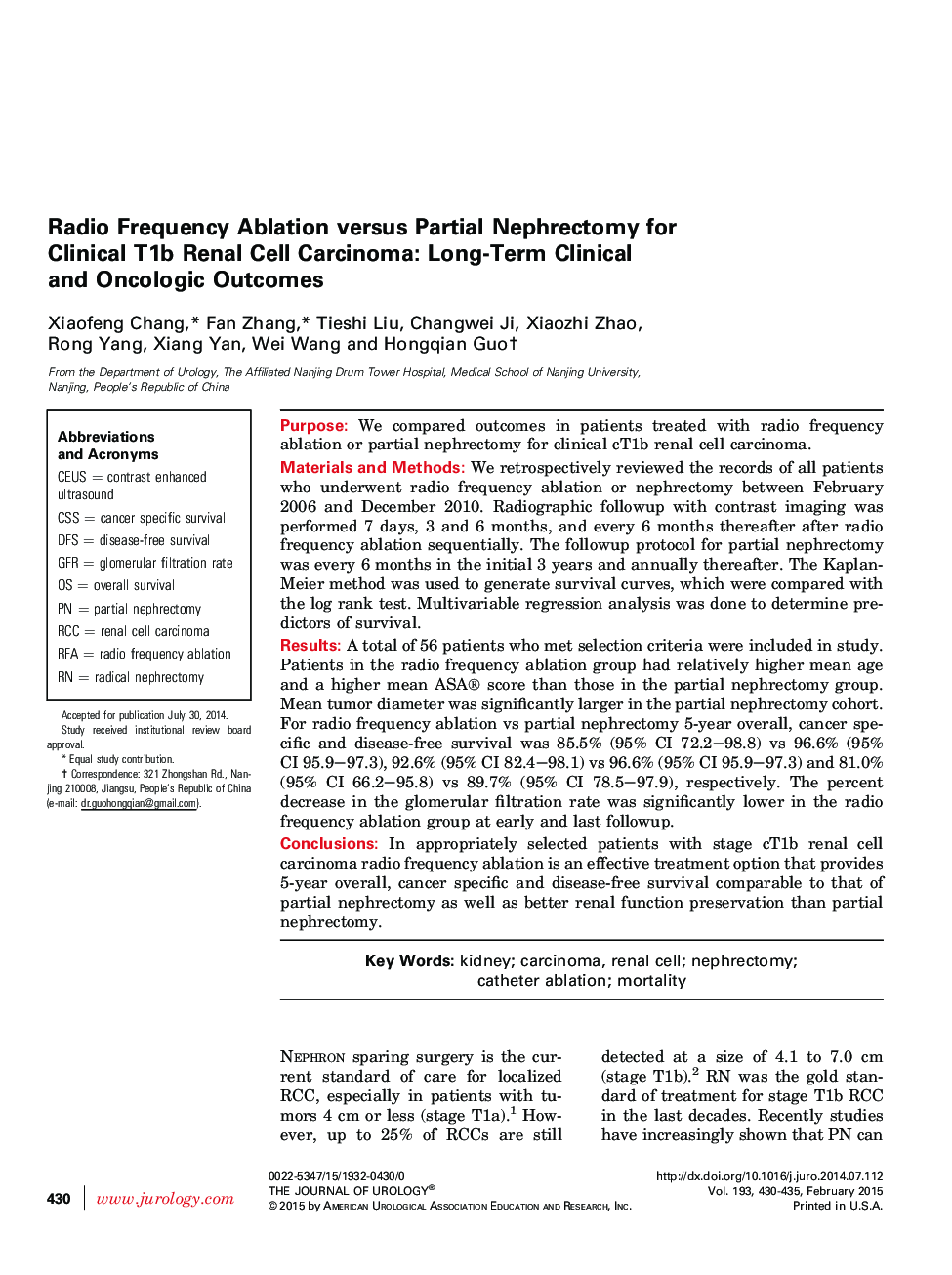 Radio Frequency Ablation versus Partial Nephrectomy for Clinical T1b Renal Cell Carcinoma: Long-Term Clinical and Oncologic Outcomes 