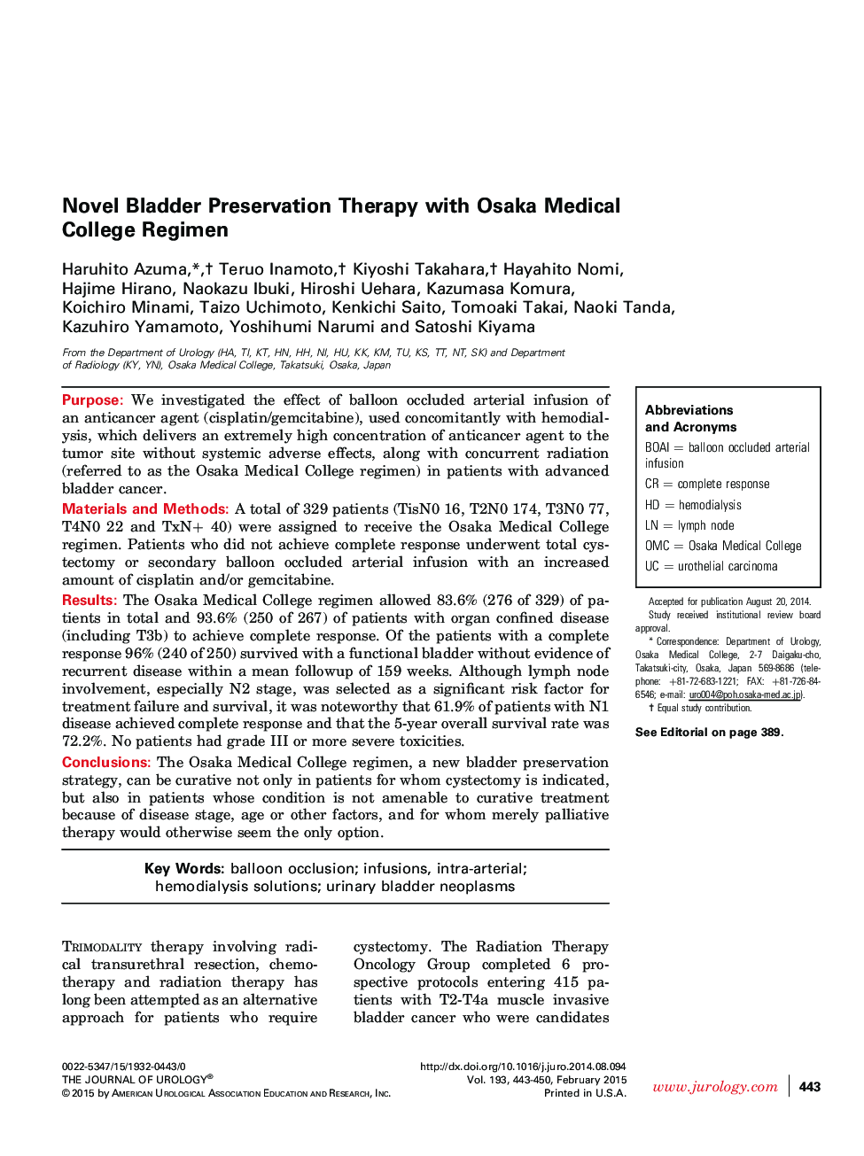 Novel Bladder Preservation Therapy with Osaka Medical College Regimen 