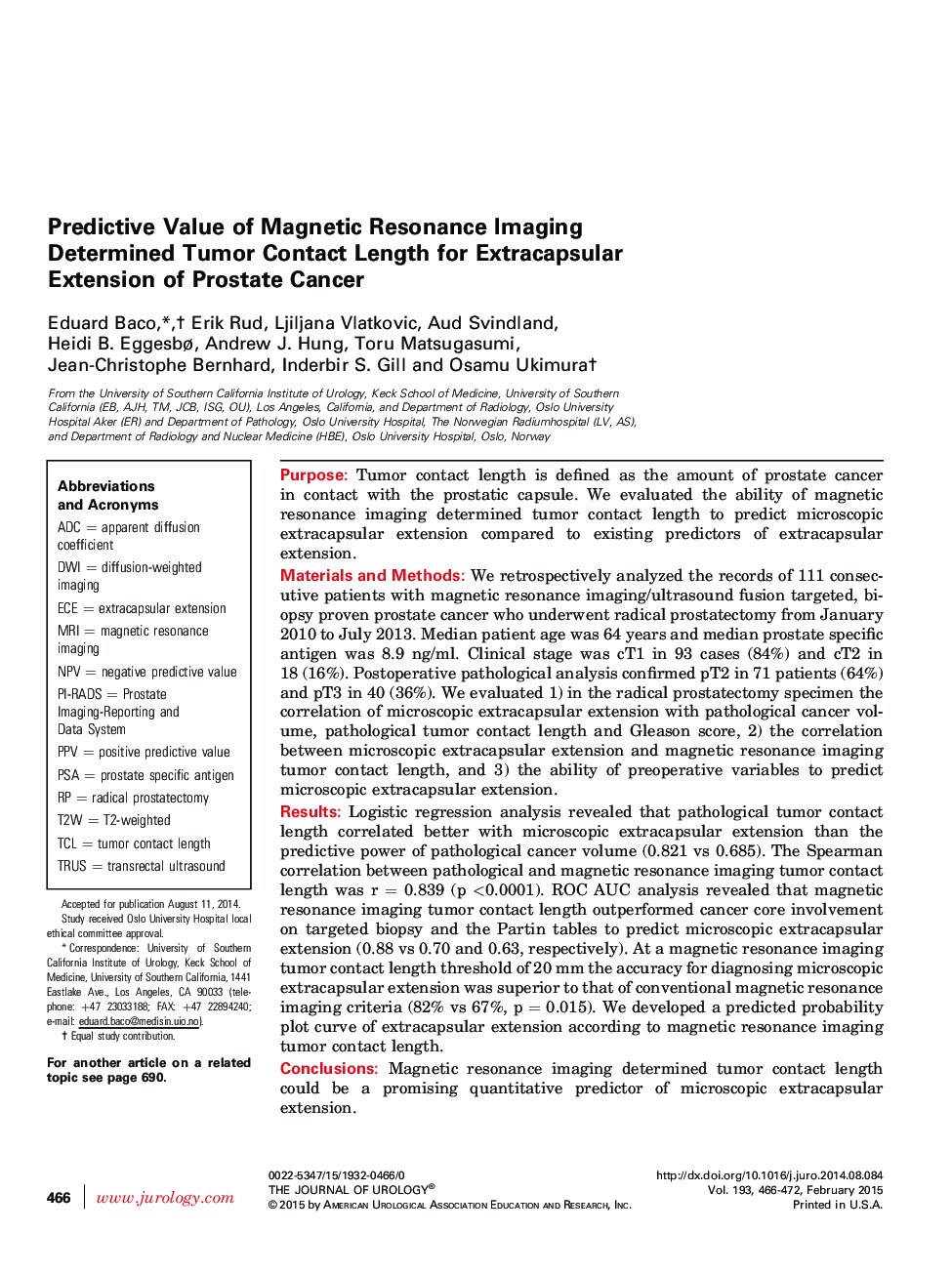 Predictive Value of Magnetic Resonance Imaging Determined Tumor Contact Length for Extracapsular Extension of Prostate Cancer 