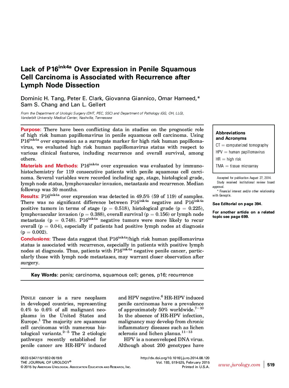 Lack of P16ink4a Over Expression in Penile Squamous Cell Carcinoma is Associated with Recurrence after Lymph Node Dissection