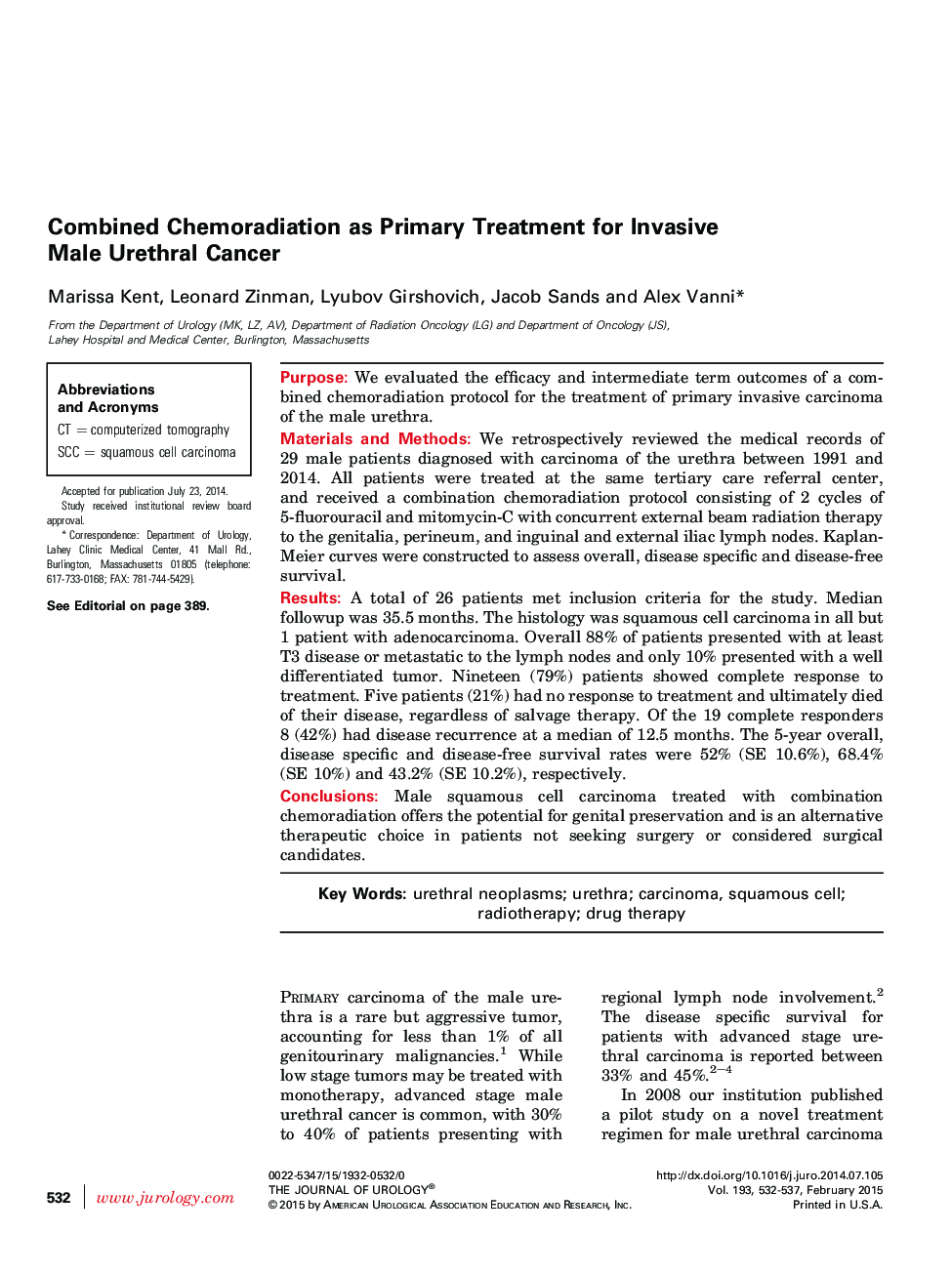 Combined Chemoradiation as Primary Treatment for Invasive Male Urethral Cancer 