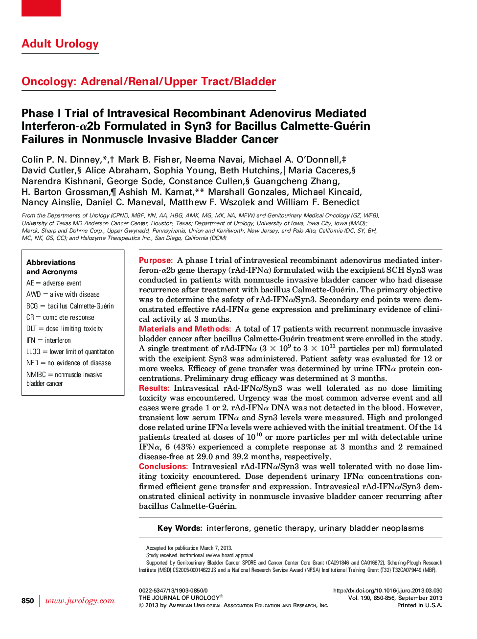 Phase I Trial of Intravesical Recombinant Adenovirus Mediated Interferon-α2b Formulated in Syn3 for Bacillus Calmette-Guérin Failures in Nonmuscle Invasive Bladder Cancer 