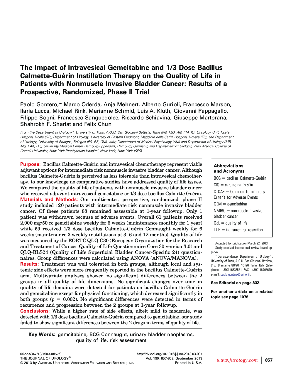 The Impact of Intravesical Gemcitabine and 1/3 Dose Bacillus Calmette-Guérin Instillation Therapy on the Quality of Life in Patients with Nonmuscle Invasive Bladder Cancer: Results of a Prospective, Randomized, Phase II Trial 