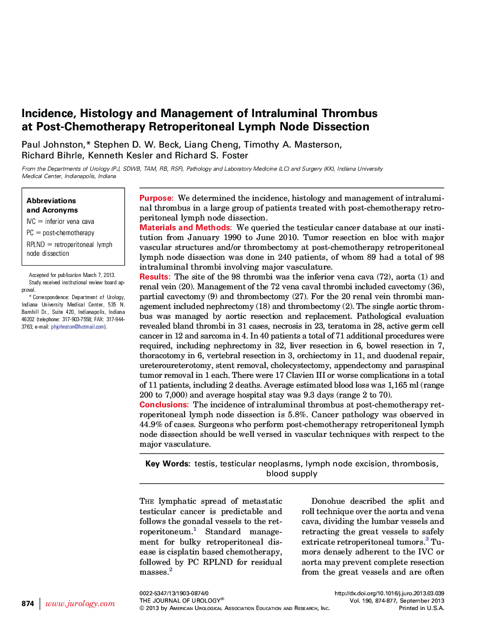 Incidence, Histology and Management of Intraluminal Thrombus at Post-Chemotherapy Retroperitoneal Lymph Node Dissection 