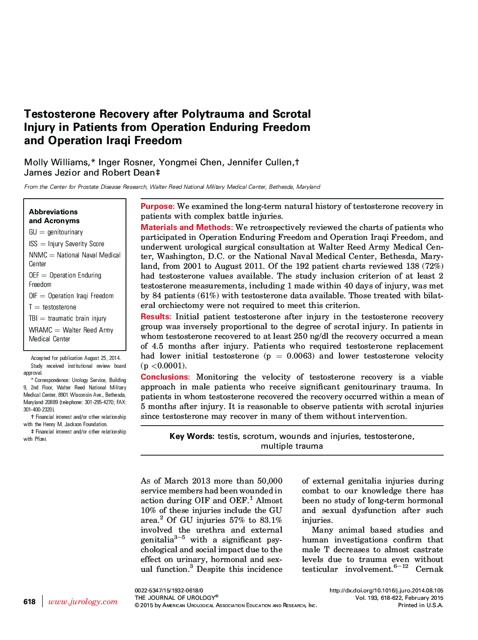 Testosterone Recovery after Polytrauma and Scrotal Injury in Patients from Operation Enduring Freedom and Operation Iraqi Freedom