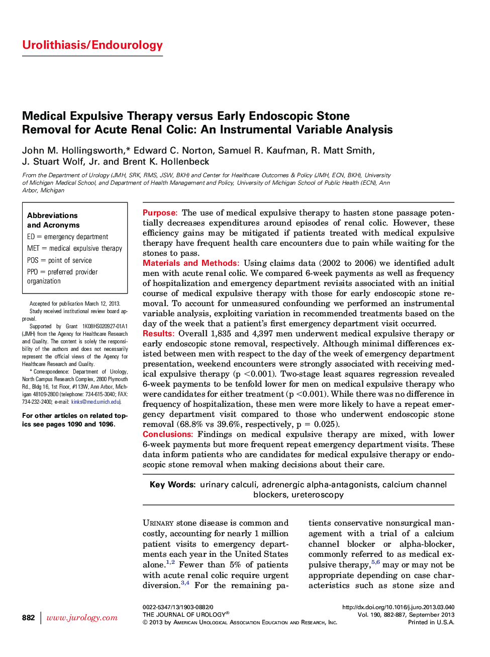 Medical Expulsive Therapy versus Early Endoscopic Stone Removal for Acute Renal Colic: An Instrumental Variable Analysis 